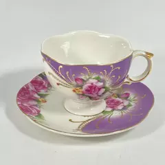 THT Designs Porcelain Footed Tea Cup And Saucer Lavender And White Pink Roses