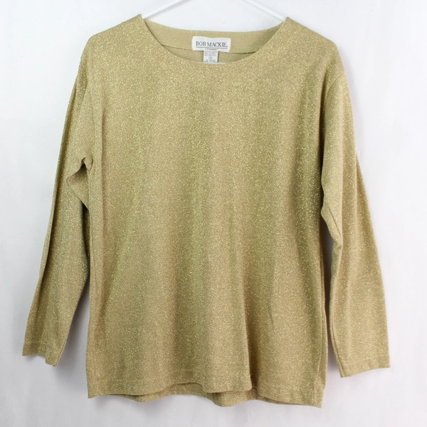 VTG Bob Mackie Studio Glittery Gold Long-Sleeve Pullover Shirt Women's Small