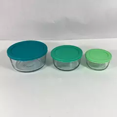 Anchor Hocking 3 Piece Clear Glass Nesting Bowl Set W Teal Plastic Cracked Lid 