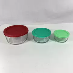 Anchor Hocking 3 Piece Clear Glass Nesting Bowl Set With Red Plastic Lid 