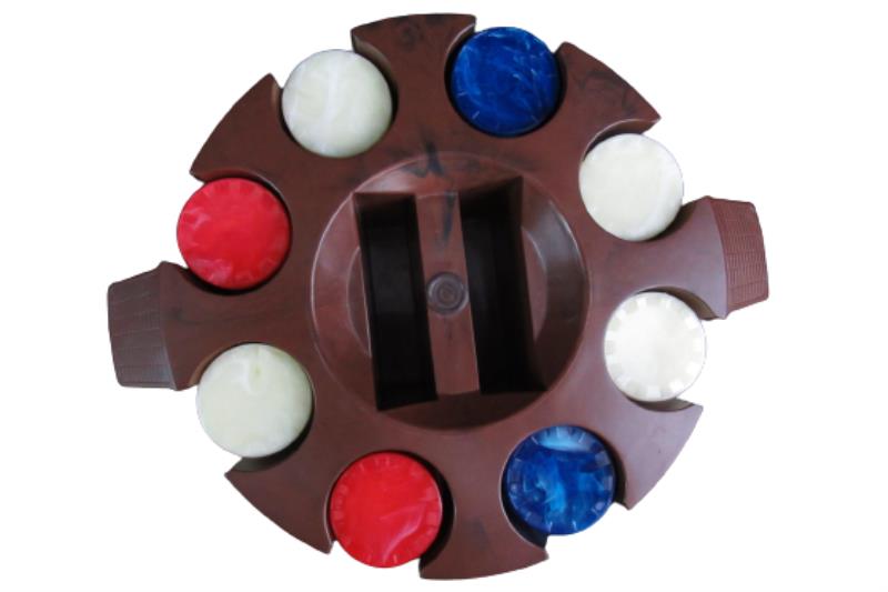 Vintage Field Manufacturing Revolving Brown Poker Tray Caddy Chips Red Blue
