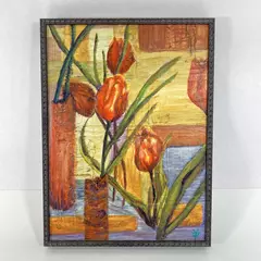 Original Framed Acylic Painting Of Orange Tulips Signed 12 x 9 Inch