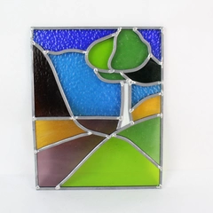 Handmade Tree on a Hill Stained Glass Art Plaque Home Décor 8.75" x 11"