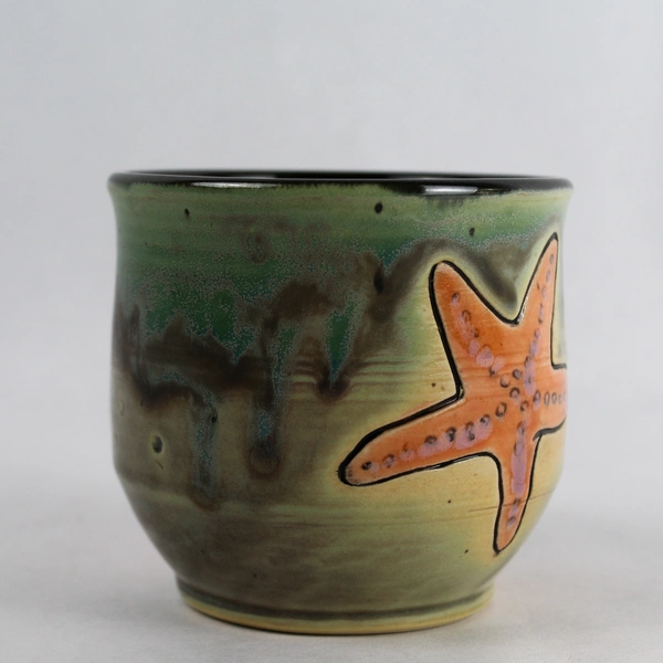 Signed Hand-Painted Studio Pottery Starfish Design Ceramic Vase or Cup