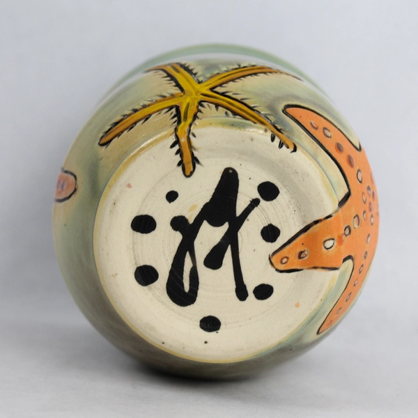 Signed Hand-Painted Studio Pottery Starfish Design Ceramic Vase or Cup