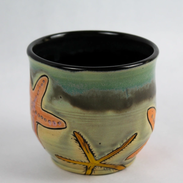 Signed Hand-Painted Studio Pottery Starfish Design Ceramic Vase or Cup