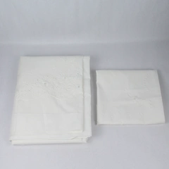 2 Piece Set White Embroidered Full Flat Sheet and Queen Pillow Cover