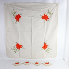 5 PC Set Vintage Embroidered Card Table Cover and Matching Napkins