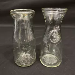 Lot of 2 Half Pint Clear Glass Milk Bottles Curly's Paul Mason Decor Crafts