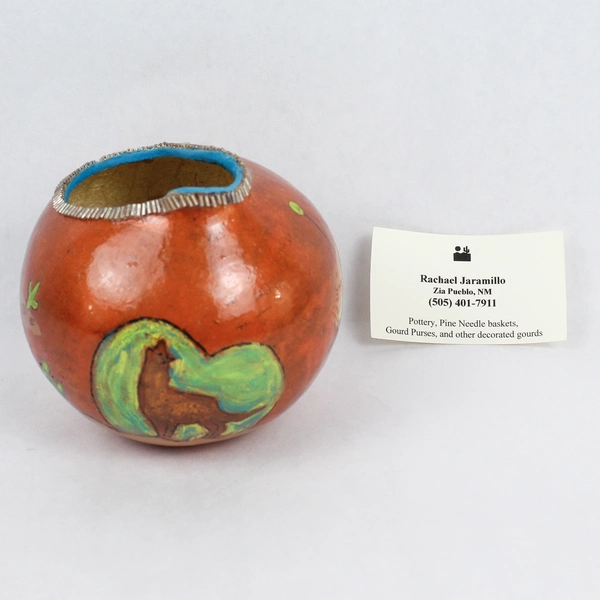 Native American Hand Painted Gourd Signed Rachael Jaramillo Zia Pueblo