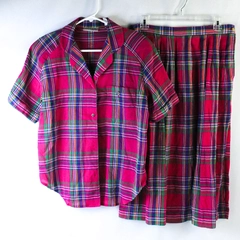 Joan Harper Petites Pink Red Blue Plaid Shirt And Skirt Set Size 14P
