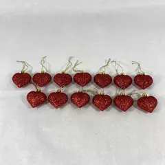Set of 12 Plastic Valentines Day 2 Inch Glitter Red Heart Ornaments Decorations 