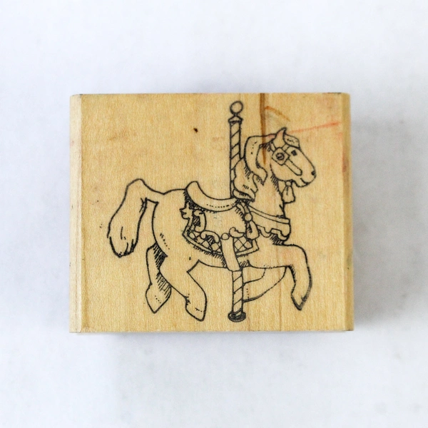 Wood Mounted Ink Stamp Fearless Design Used Carousel Horse Pony 2x2 in