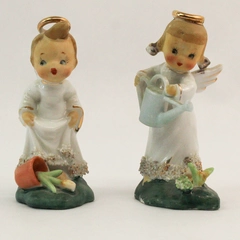 Vintage Empress Arts Ceramic Angel Figures w/ Flower Pot and Watering Can Flawed