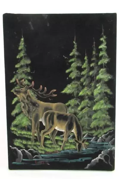 Vintage Signed Art Painting On Velvet Deer Elk Wildlife Moose R Spear