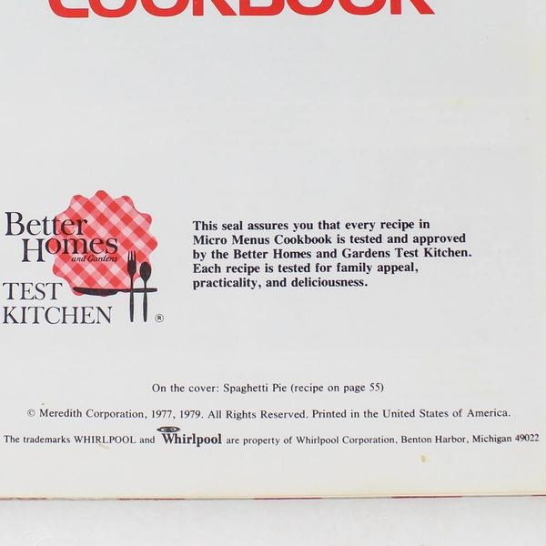 Whirlpool Micro Menus Cookbook Better Homes & Gardens Test Kitchen ‘79 Tabbed HC