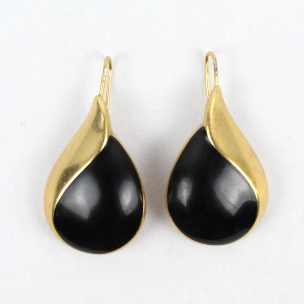 Vintage Monet Black Enamel And Gold Tone Teardrop Dangle Earrings