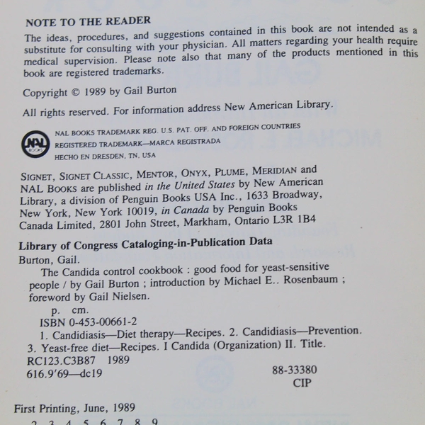 The Candida Control Cookbook by Gail Burton 1989 New American Library HC DJ