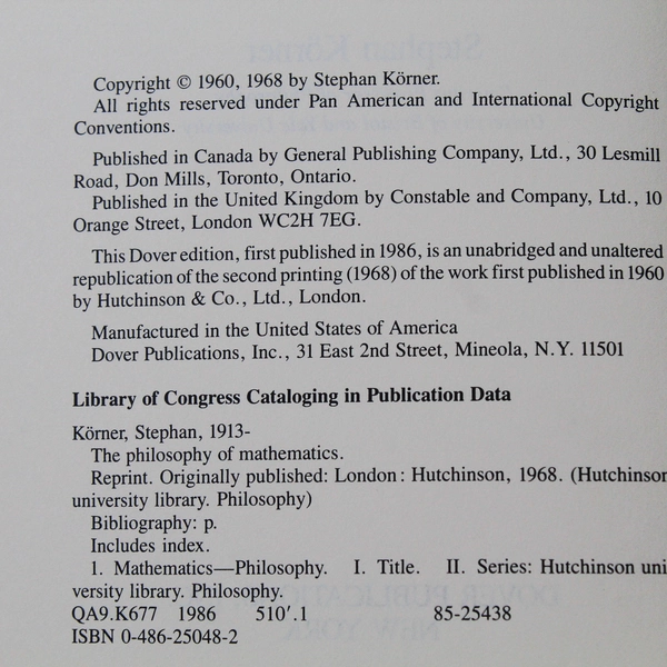The Philosophy Of Mathematics An Introductory Essay Stephan Körner 1968 PB
