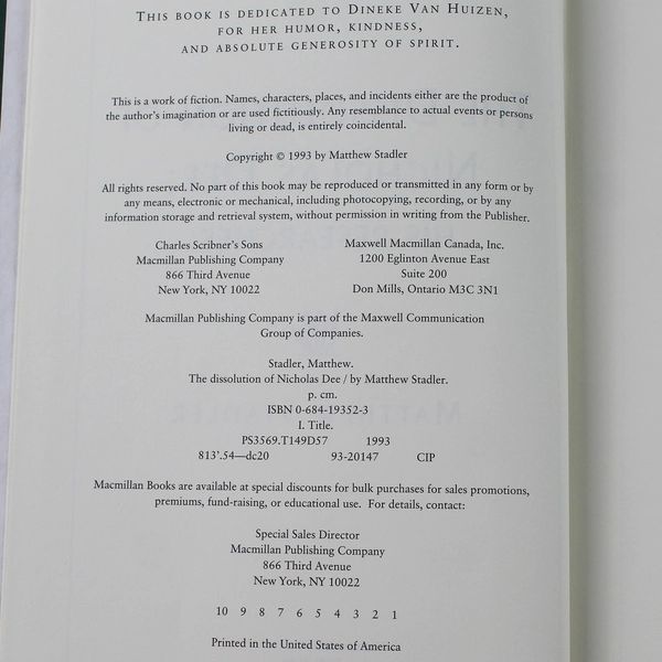 The Dissolution of Nicholas Dee by Matthew Stadler 1993 Hardcover Good
