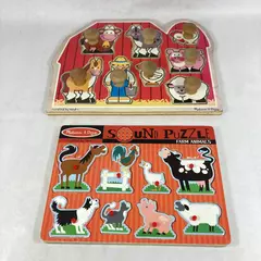 2 Melissa And Doug Hand Crafted Knob Wood Farm Animal Puzzles One Has Sound