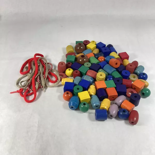 Vintage Wooden Bead Preschool Toy Set 80 Multi Color Pieces and 3 Strings