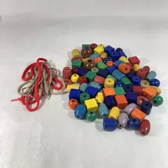 Vintage Wooden Bead Preschool Toy Set 80 Multi Color Pieces and 3 Strings