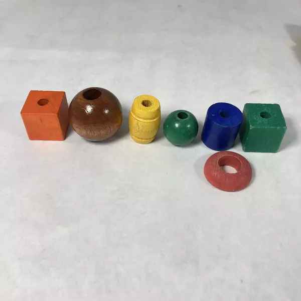 Vintage Wooden Bead Preschool Toy Set 80 Multi Color Pieces and 3 Strings