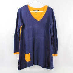 Zac & Rachel Tunic Sweater Women's Size M Navy Blue Yellow Long Sleeves V Neck
