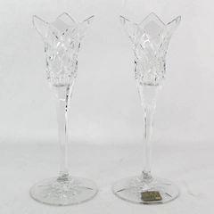 Set of 2 Mikasa Glass Crystal Cut Candle Holders Diamond Point Yugoslavia 7.75"