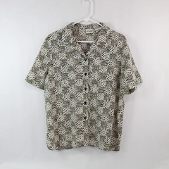 Liz Baker Women's Shirt Top Size 12 Cream Black Animal Print Short Sleeve