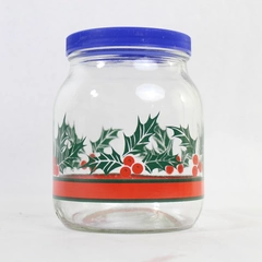 Christmas Holiday Glass Jar with Blue Lid & Holly Design 7" Tall