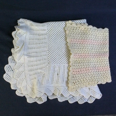 Lot of 2 Handmade Baby Blankets Crochet Knit Throws Cream Bedding Nursery Flaws
