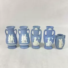 5 Blue Double Handle Bud Vases With White Figures Made In Occupied Japan 4 Inch