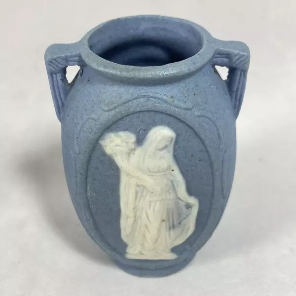 5 Blue Double Handle Bud Vases With White Figures Made In Occupied Japan 4 Inch