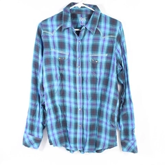 Rock 47 By Wrangler Top Women's Size M Purple Black Blue Plaid Snap Buttons