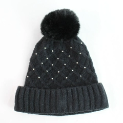 Collection XIIX Black Knit Embellished Faux Fur Pom Beanie Women's Hat Size O/S