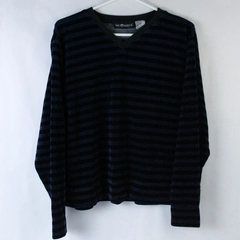 Sag Harbor Women's Large Blue Black Striped Velvet V Neck Pullover Top