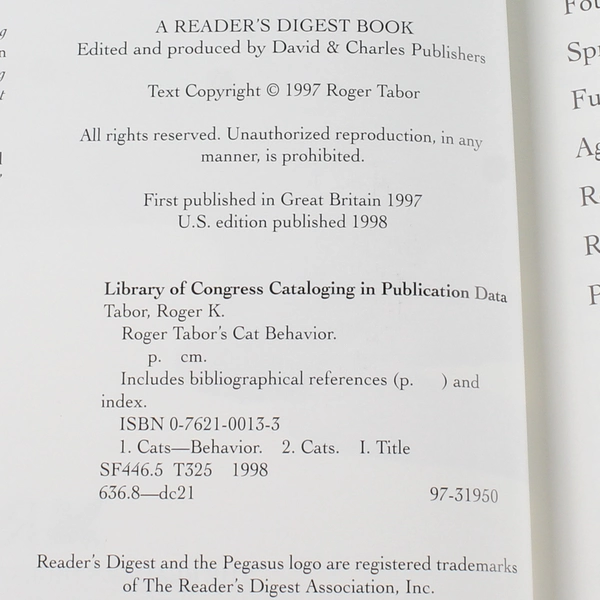 Roger Tabor's Cat Behavior Roger K. Tabor 1998 Reader's Digest Hardcover