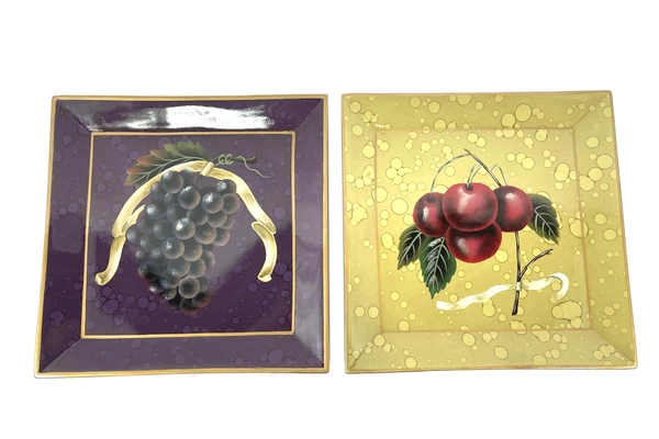 Lot of 2 Square Decorative Ceramic Trays with Fruit Patterns Good Condition