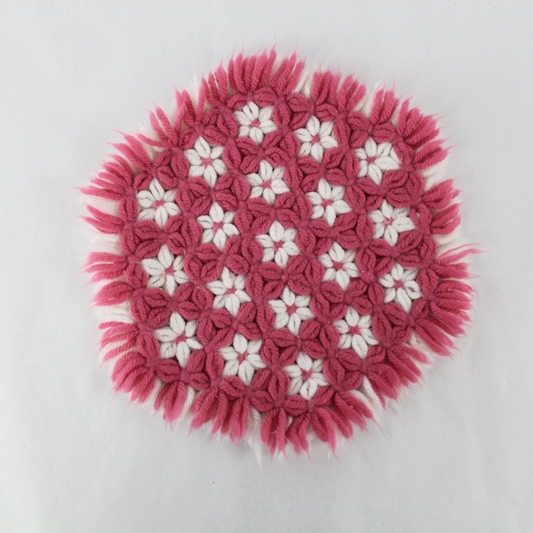 Set of 2 Pink and White Flower Pattern Yarn Pot Holders 8" Diameter