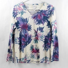 Weekends by Chico's Flower Pattern Beaded Long Sleeve Top Women's US Size 8