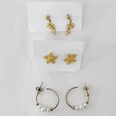 Lot of 3 Pairs Gold Tone Beachy Earrings for Pierced Ears Faux Pearl Jewelry