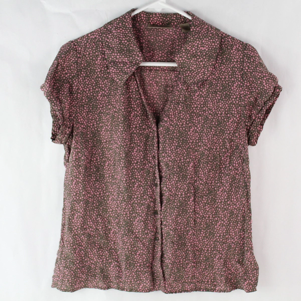 I.E Women's Brown Pink Polka Dotted Collar Puff Sleeve Button Up Blouse Size M