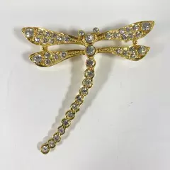 Gold Tone Rhinestone Dragonfly Brooch