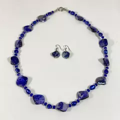 Cobalt Blue & Mother of Pearl Colored Strand Necklace With Matching Earrings