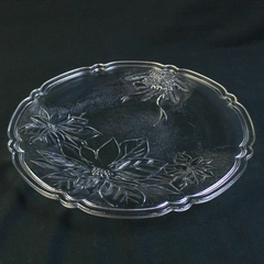 Clear Etched Glass Christmas Serving Platter Poinsettia & Pine Cones 13"