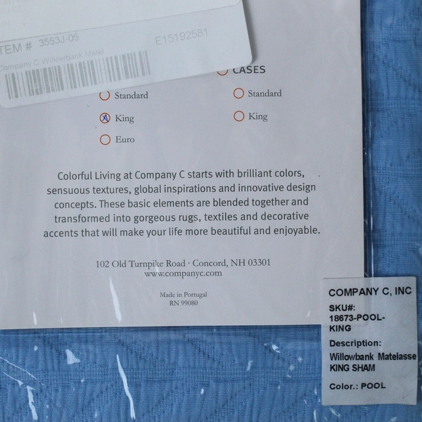 Company C INC Willowbank Matelasse King Sham Color Pool Original Package 18673