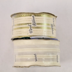 Lot of 2 Offray Wired Holiday Ribbons White Striped Sheer Gold Sealed