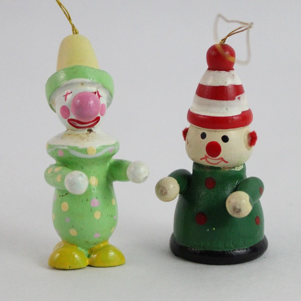 Lot of 2 Wooden Clown Hanging Christmas Tree Ornaments